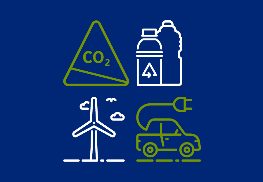 Four icons: a CO2 sign, two bottles for chemicals, a windmill and an electric car